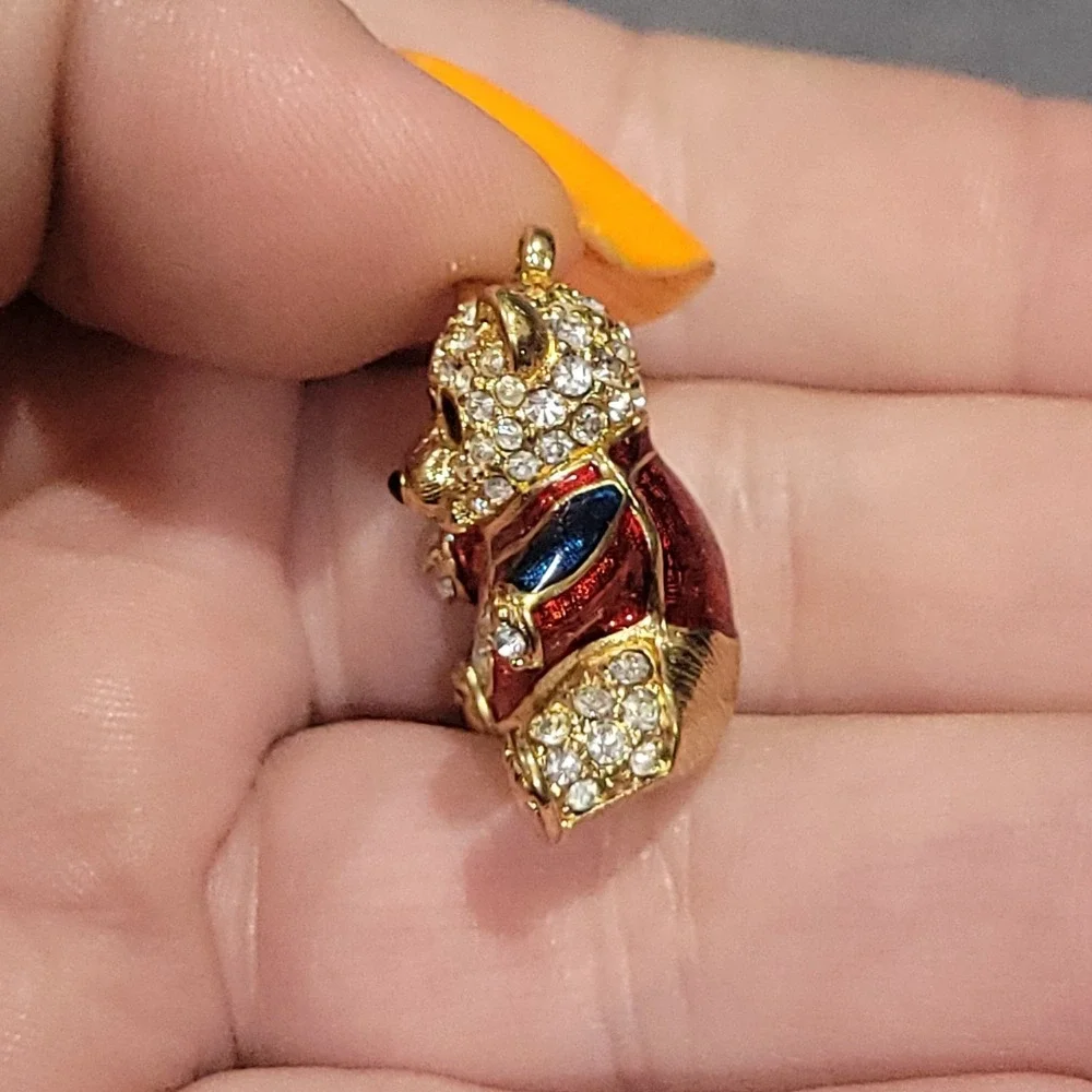 Savvy Swarovski Limited Edition Crystal Gold Tone Teddy Bear Pendant Red Enamel
